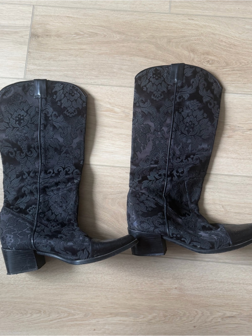 Vintage Women's Kenneth Cole Black Patterned Mid-Calf Cowboy Boots Made in Spain